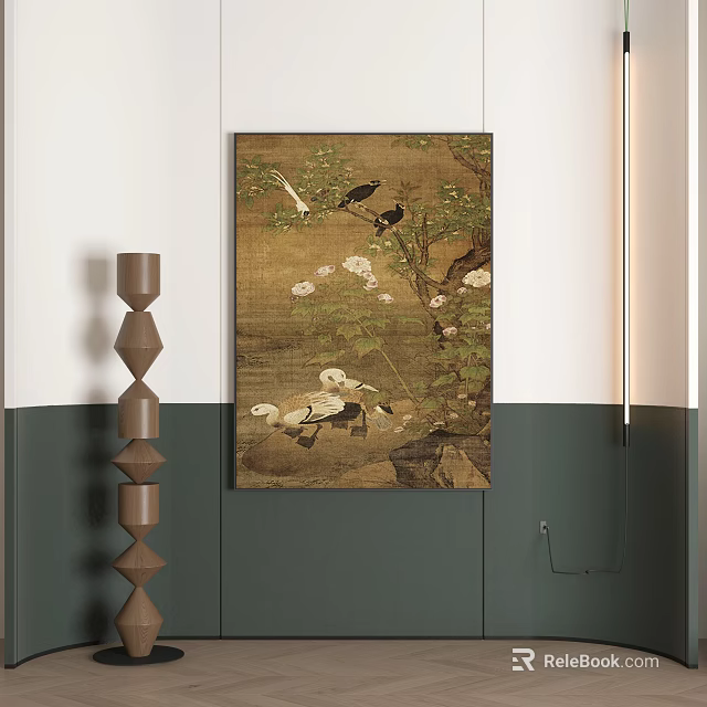 Classical Landscape Painting With Birds Blossoms And Natural Scenery On Wall 3d model 