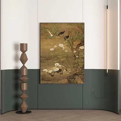 Classical Landscape Painting With Birds Blossoms And Natural Scenery On Wall 3d model