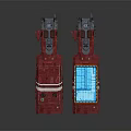 Futuristic Red Sci-Fi Transports With Blue Interior And White Accent Stripes