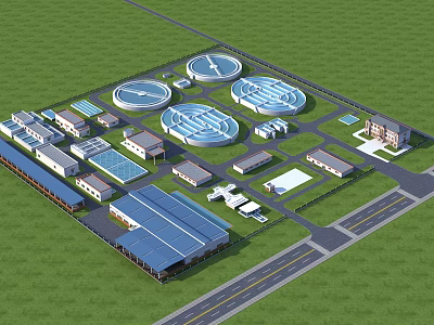 Large Industrial Plant Layout With Circular Processing Ponds Multiple Buildings Access Roads And Green Surroundings 3d model