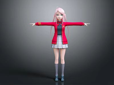 Pink Haired Girl In Red Coat With Plaid Skirt Gray Socks Blue Shoes Arms Outstretched 3d model