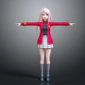 Pink Haired Girl In Red Coat With Plaid Skirt Gray Socks Blue Shoes Arms Outstretched