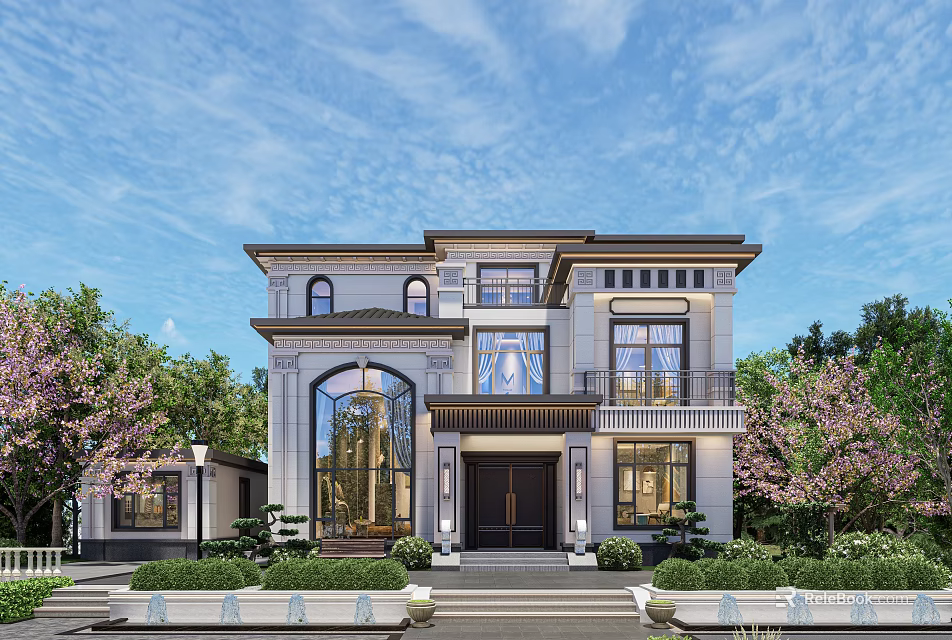 Elegant Detached Villa Exterior Design With Large Windows Stone Facade And Green Plants 3d model 