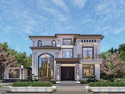 Elegant Detached Villa Exterior Design With Large Windows Stone Facade And Green Plants 3d model
