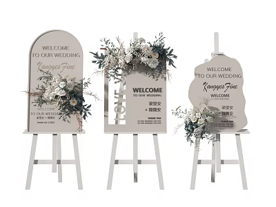Elegant Commercial Display Stands With Welcome Signs And Floral Decor For Wedding Keepsakes 3d model
