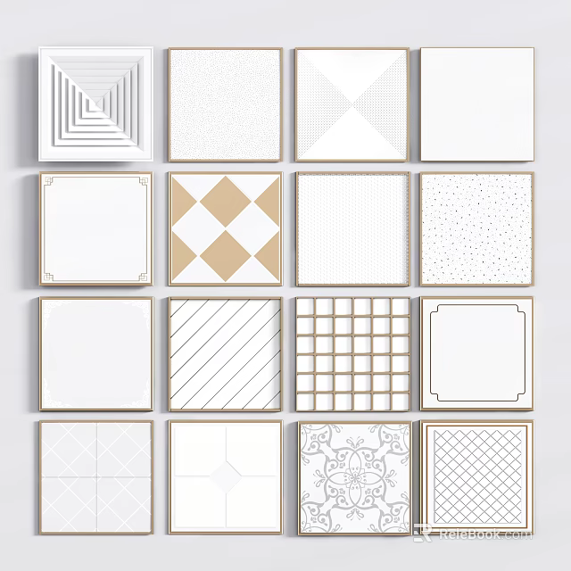 White Ceiling Tiles With Various Patterns And Golden Borders Design Collection 3d model 