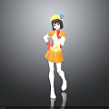 Standing Anime Character Wearing Yellow Hat Blue Decoration Orange Dress And Red Gloves