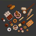 Fresh Assorted Baked Goods with Bread Pastries Donuts Pizza Bread Basket and Rolling Pin
