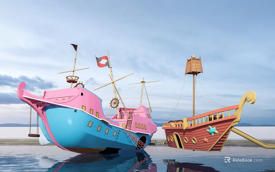 Colorful Pirate Ships With Masts Flags And Watchtower On Calm Water 3d model 