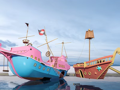 Colorful Pirate Ships With Masts Flags And Watchtower On Calm Water 3d model