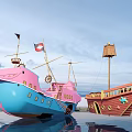 Colorful Pirate Ships With Masts Flags And Watchtower On Calm Water