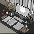Open Notebook On Wooden Desk With Computer Monitor Tablet Headphones And Coffee Cup