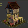 Cartoon Two Story Small Cottage With Thatched Roof Wooden Stairs Barrels And Porch