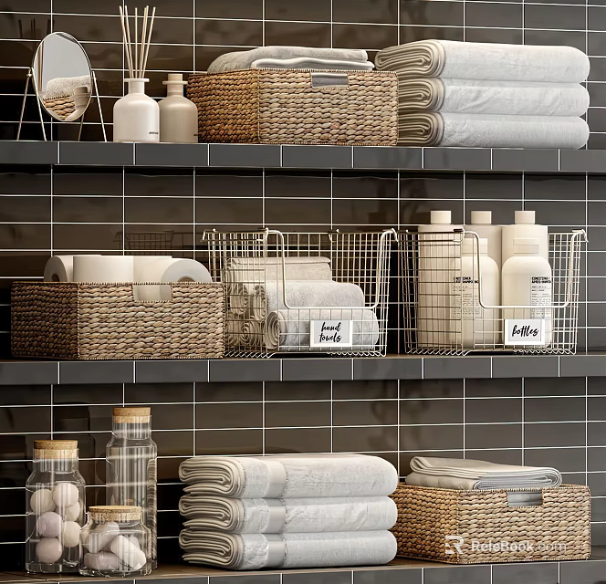 Essential Bathroom Accessories Organized on Modern Shelves with Wicker Baskets and Towels 3d model 