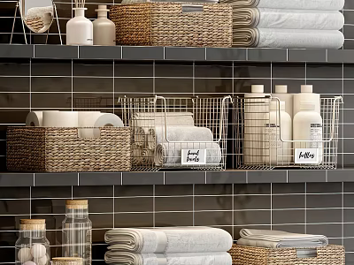 Essential Bathroom Accessories Organized on Modern Shelves with Wicker Baskets and Towels 3d model