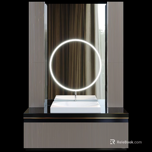 Modern Washbasin Design With Round Illuminated Mirror And Striped Frames 3d model 