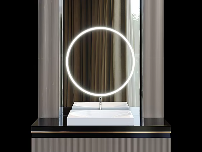 Modern Washbasin Design With Round Illuminated Mirror And Striped Frames 3d model