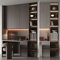Modern Home Office Interior Design With Wooden Cabinets Built in Bookshelves Table Lamps And Laptops