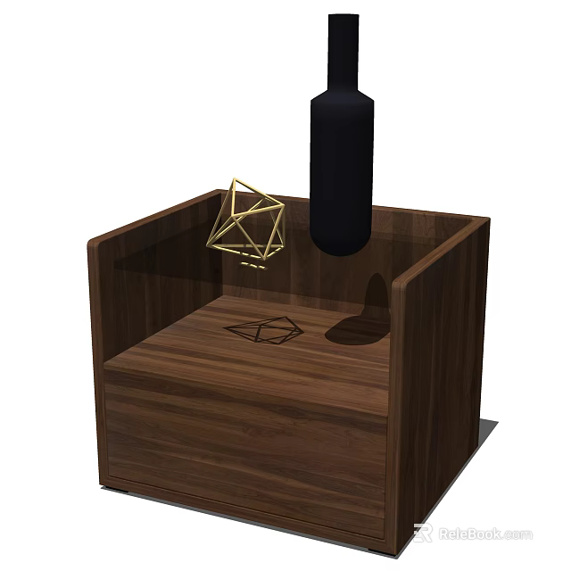 Wooden Bedside Table With Walnut Finish Geometric Ornament And Black Lamp 3d model 