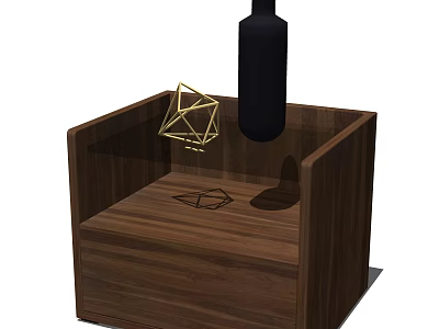 Wooden Bedside Table With Walnut Finish Geometric Ornament And Black Lamp 3d model