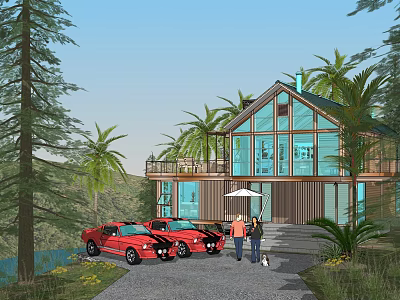 Modern Lakeside Villa With Large Glass Windows Palm Trees And Red Cars 3d model