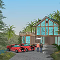 Modern Lakeside Villa With Large Glass Windows Palm Trees And Red Cars