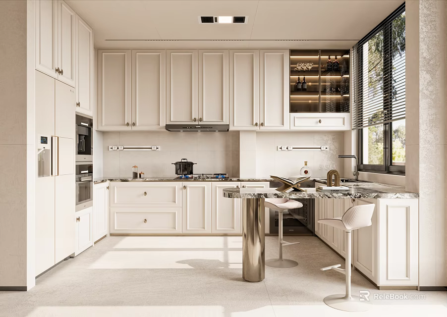 Modern Minimalist Kitchen Interior Featuring White Cabinets Island Countertop And Natural Light 3d model 