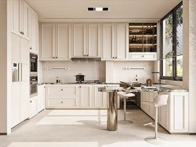 Modern Minimalist Kitchen Interior Featuring White Cabinets Island Countertop And Natural Light 3d model