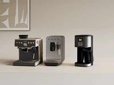 Three Different Coffee Makers Displayed On White Countertop With Abstract Painting Background 3d model