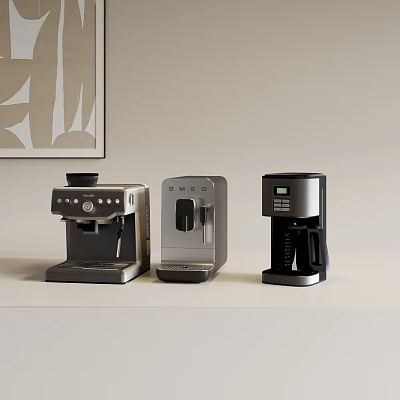 Three Different Coffee Makers Displayed On White Countertop With Abstract Painting Background 3d model