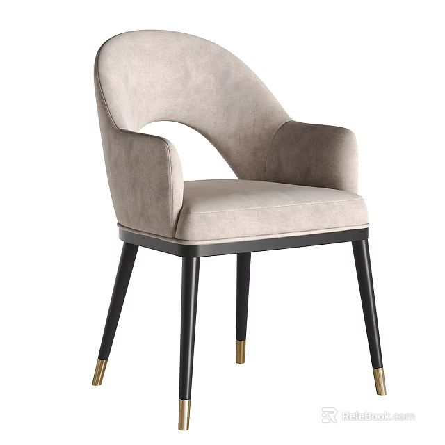 Modern Light Gray Upholstered Dining Chair With Curved Back Armrests Black Legs And Gold Feet 3d model 
