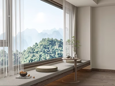 Cozy Bay Window With Cushion Small Table And Potted Plant Overlooking Lush Mountain Greenery 3d model