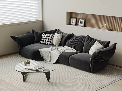 Dark Gray Three-Seater Sofa With Plush Cushions Throw Blanket Glass Coffee Table On Round Rug 3d model