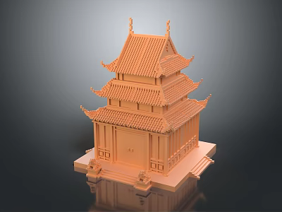 Cartoon Scenery Of Traditional Chinese Tower With Multi Story Tile Roof And Curved Eaves 3d model