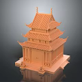 Cartoon Scenery Of Traditional Chinese Tower With Multi Story Tile Roof And Curved Eaves