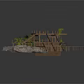 Outdoor Wooden Deck Structure With Stairs Rocks And Palm Plants