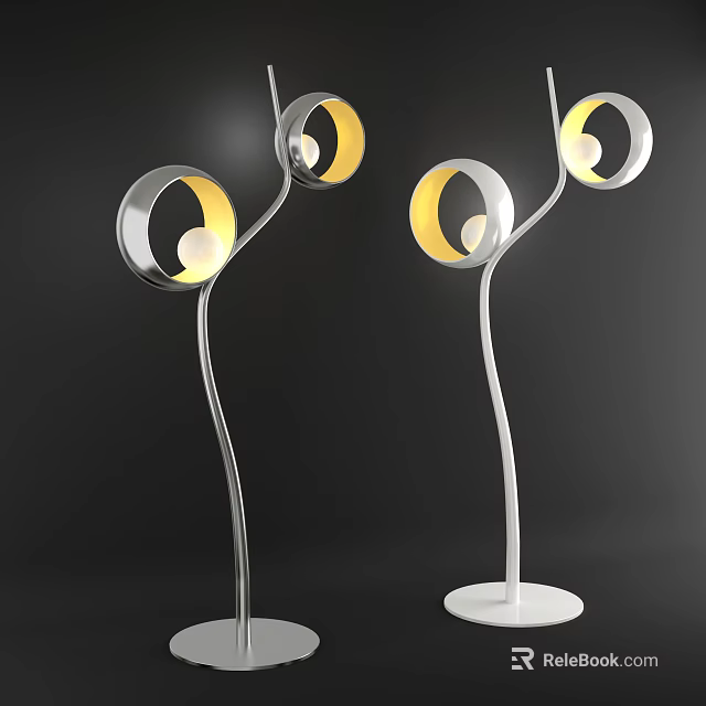 Modern Curved Floor Lamps In Silver And White With Circular Shades And Warm Light 3d model 