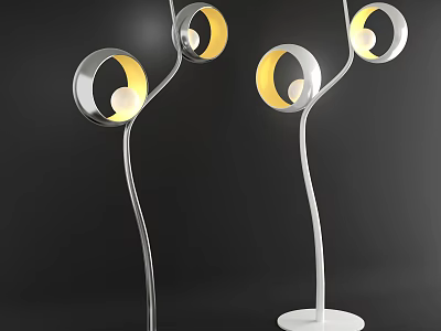 Modern Curved Floor Lamps In Silver And White With Circular Shades And Warm Light 3d model