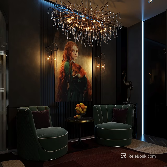 Casual Sofa Set In Dark Room With Green Velvet Sofas Wall Art And Chandelier 3d model 