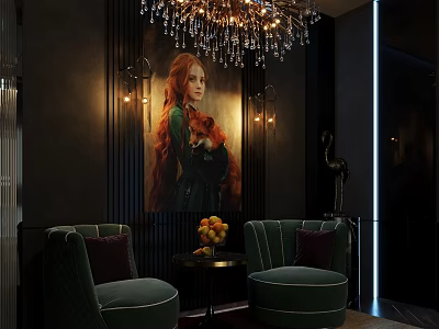 Casual Sofa Set In Dark Room With Green Velvet Sofas Wall Art And Chandelier 3d model