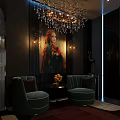 Casual Sofa Set In Dark Room With Green Velvet Sofas Wall Art And Chandelier