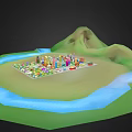 Cartoon City Landscape With Colorful Buildings Various Shaped Skyscrapers And Green Lawns