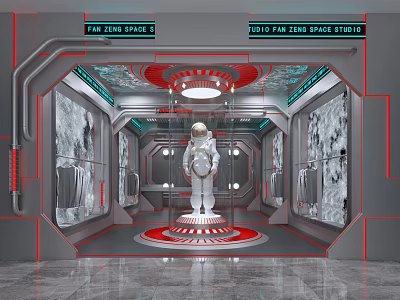 Futuristic Fashion Clothing Store Interior With Display Racks And Astronaut Mannequin Design 3d model