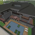 Modern Two Story Sales Office Building With Pool Lounge Chairs And Greenery