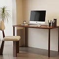Modern Wooden Desk With Computer Clock Pen Holder Chair And Potted Plant