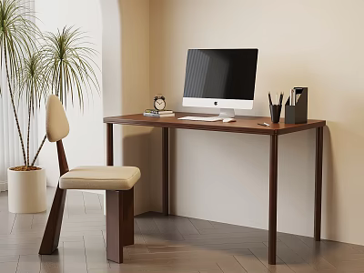 Modern Wooden Desk With Computer Clock Pen Holder Chair And Potted Plant 3d model