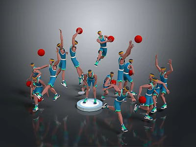 Cartoon Scene of Basketball Players Jumping Holding Red Basketballs In Blue Jerseys With Yellow Headbands 3d model