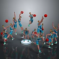Cartoon Scene of Basketball Players Jumping Holding Red Basketballs In Blue Jerseys With Yellow Headbands 3d model