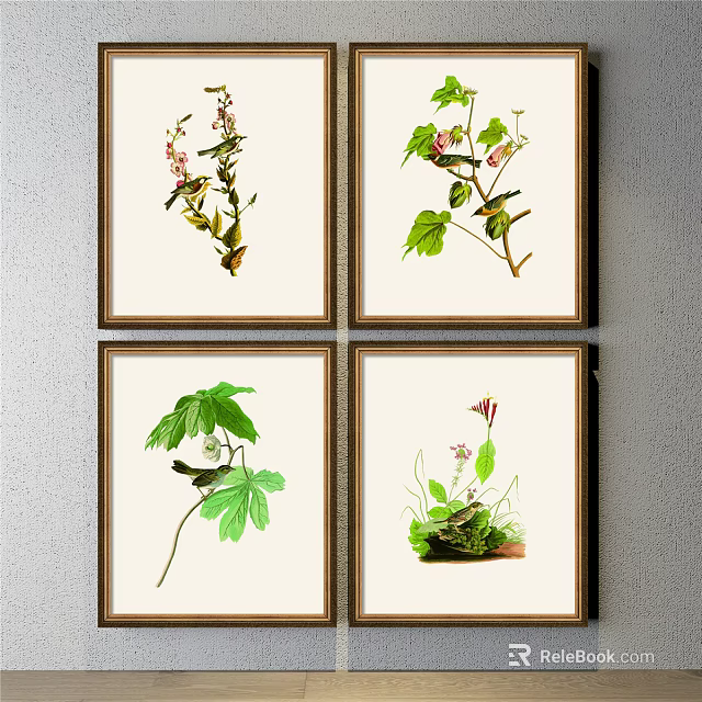 Four Framed Botanical Paintings with Detailed Plant Illustrations as Wall Art Decor 3d model 