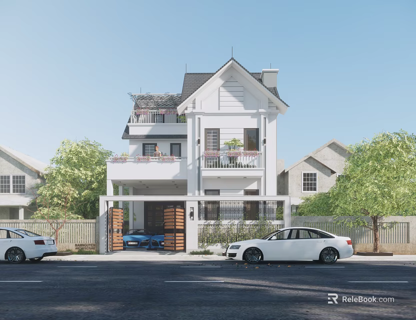 Modern Single Family House Exterior Design With Balcony Garage And Front Yard Trees 3d model 